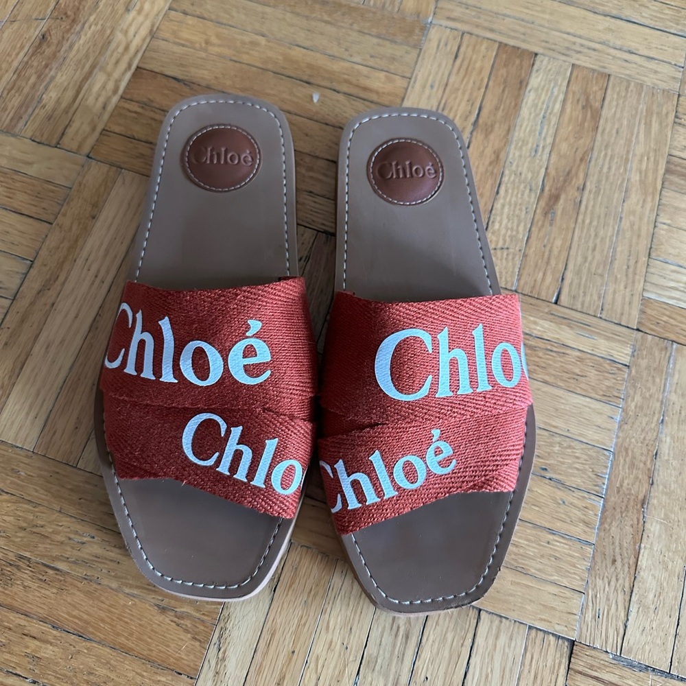 Chloe Woody Linen Slides Terracotta Red size 39